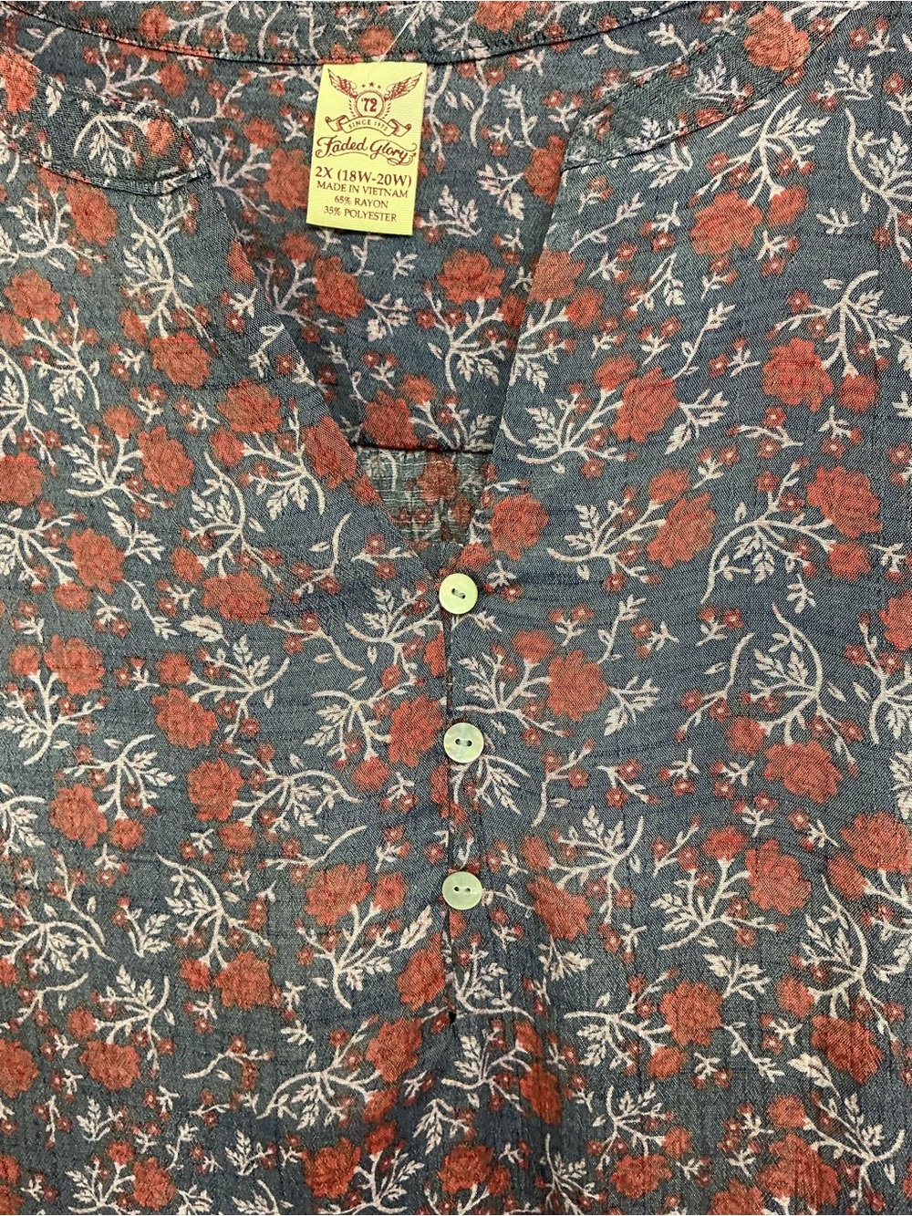 Faded Glory Navy Floral Sleeveless Henley Tank with Red Accents - Picture 3 of 5
